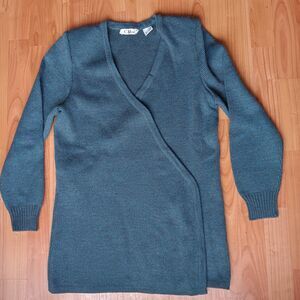 Chloe Blue‎ Speckled Knit Wool Alpaca Blend Wrap Shoulder Pad Open Cardigan Vtg